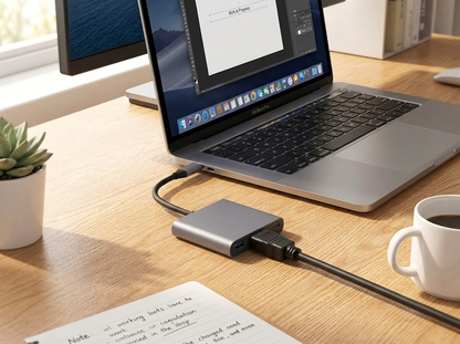 Adaptateur USB-C vers HDMI gris sur un bureau