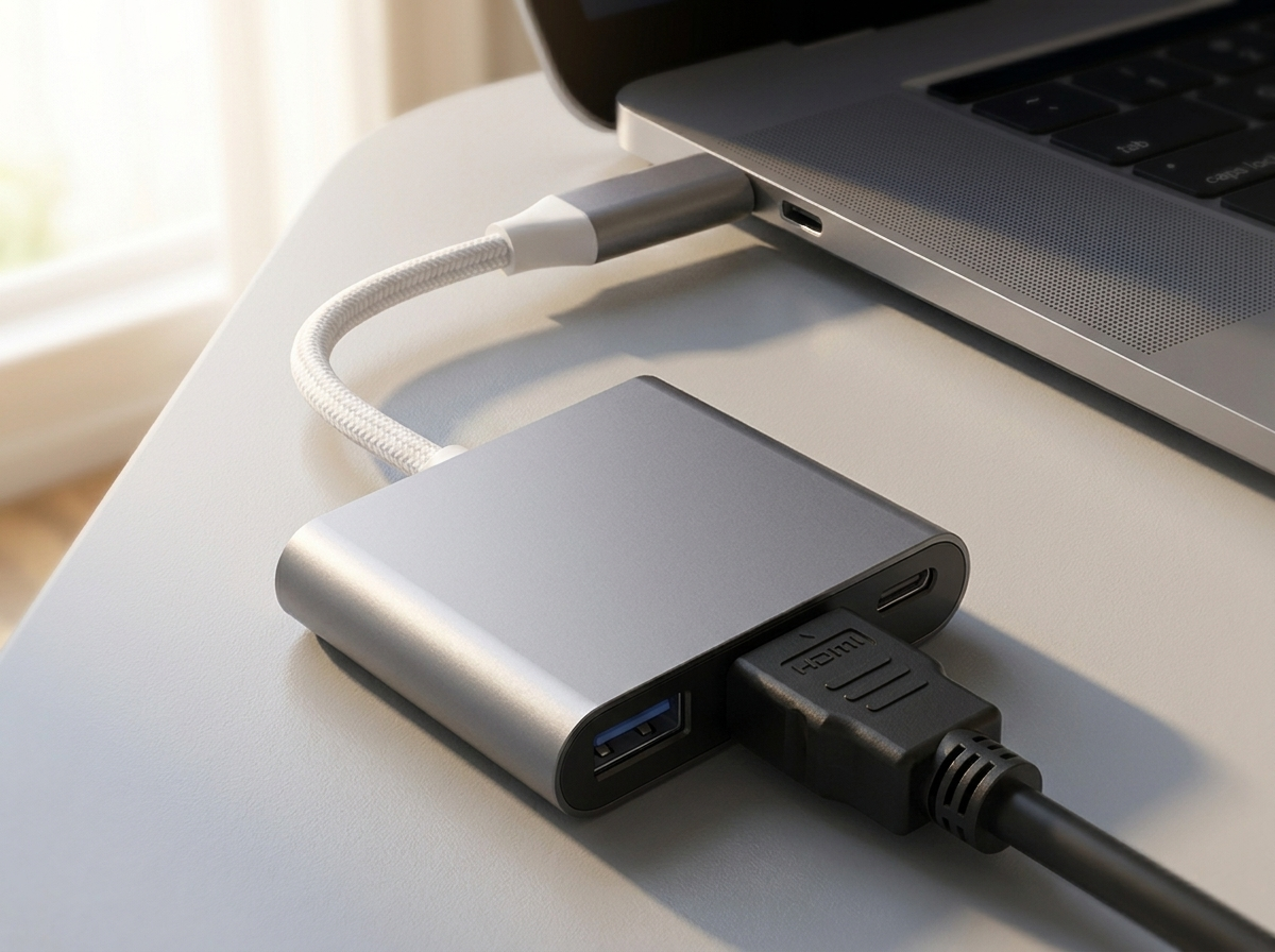 Adaptateur USB-C vers HDMI gris branché sur ordinateur portable
