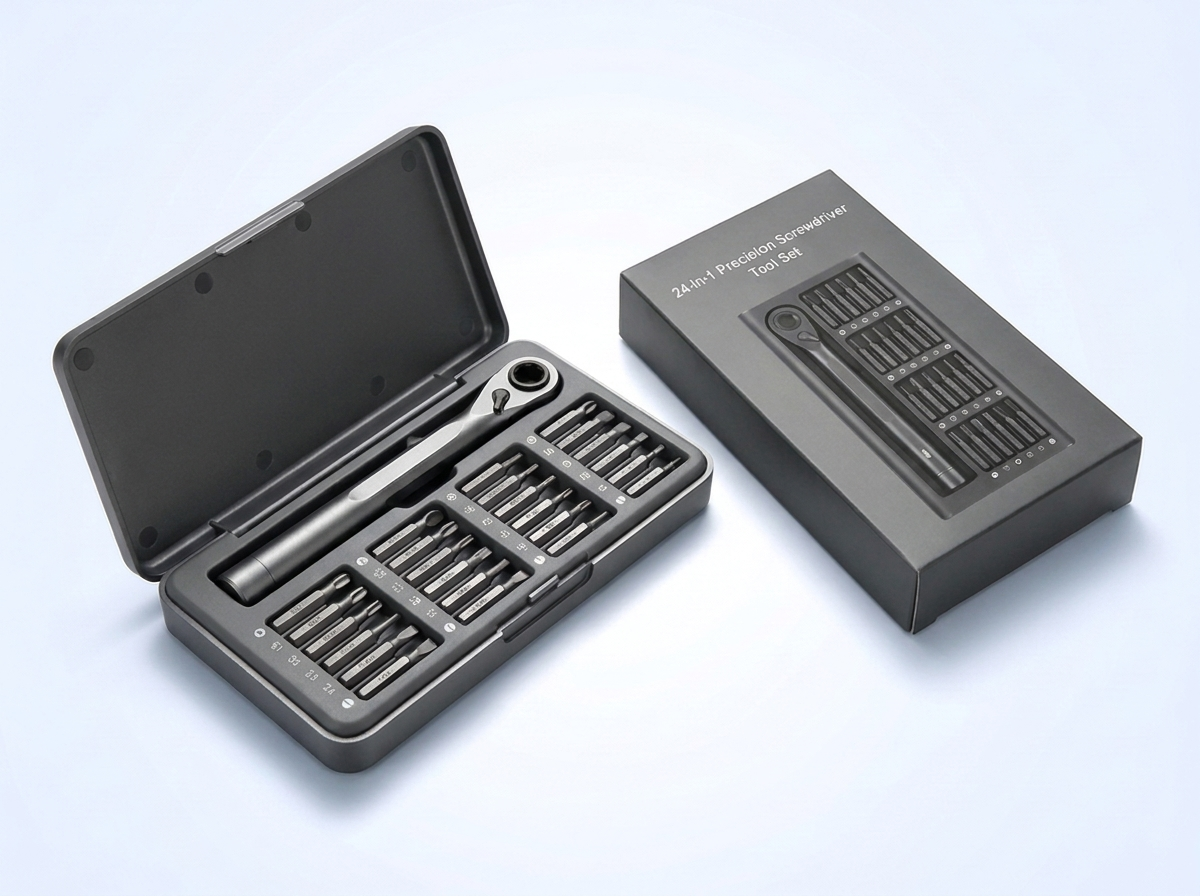 Kit tournevis de précision 24-en-1 gris ouvert avec coffret