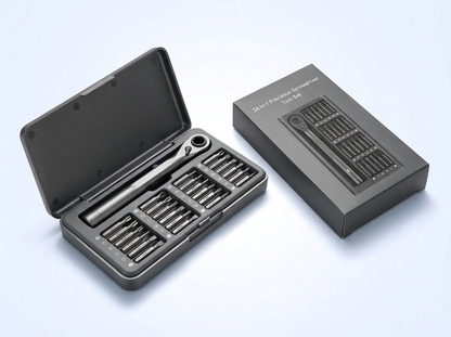 Kit tournevis de précision 24-en-1 gris ouvert avec coffret